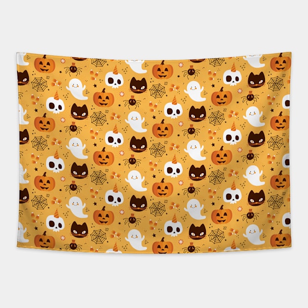 Halloween Ghosts, Cats, and Pumpkins Tapestry by edwardechoblue