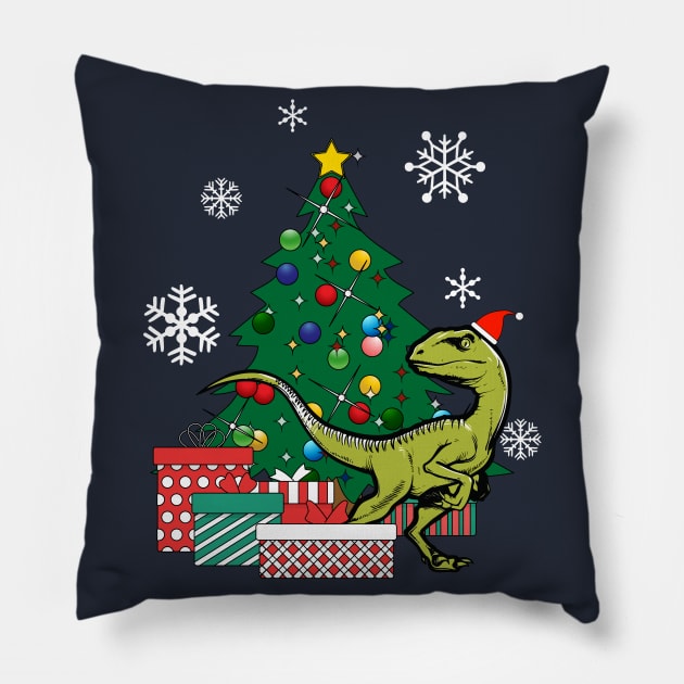 Velociraptor Around The Christmas Tree Pillow by Nova5