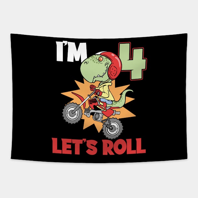 Fourth 4th Birthday T-Rex Dinosaur Motocross Tapestry by ModernMode