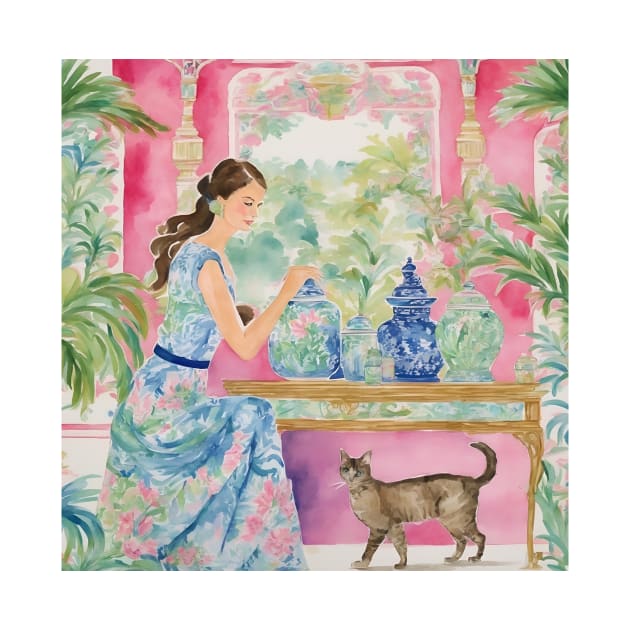 Girl in preppy dress and her cat in chinoiserie interior by SophieClimaArt