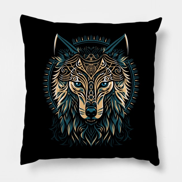 Tribal golden shield wolf Pillow by albertocubatas