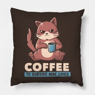 Coffee To Survive Nine Lives - Funny Cute Cat Pillow