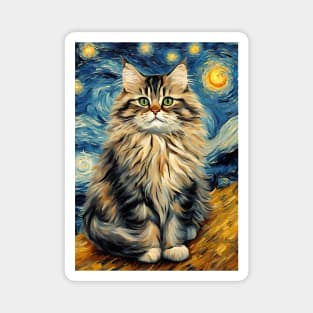 Adorable Siberian Cat Breed Painting in a Van Gogh Starry Night Art Style Magnet