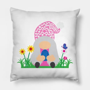 Easter Gnome Pink Hat in a Garden Pillow