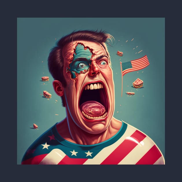 Funny illustration of man with open mouth wearing t-shirt in flag of America by KOTYA