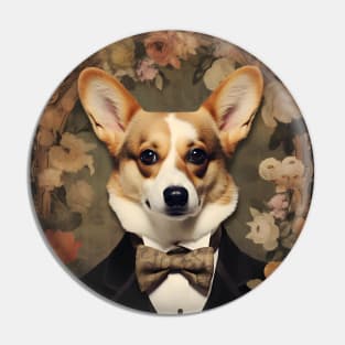 Floral Corgi Portrait in Suit Vintage Art Pin