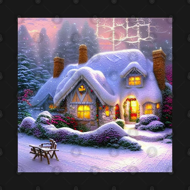 Magical Fantasy Cottage with Lights In A Snowy Scene, Scenery Nature by Promen Art