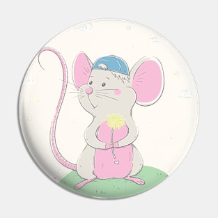 Lovely cute mouse in a cap holds a yellow flower Pin