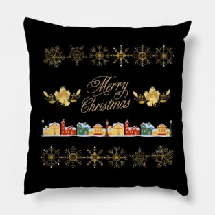 Merry Christmas Gold Theme Village with Snowflakes and Bells Pillow