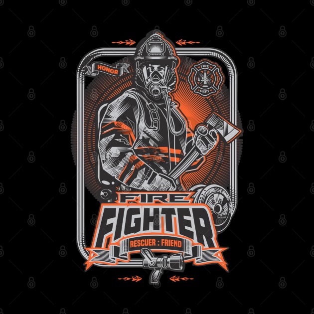 Rescuer and Friend- Firefighter Wearing Protective Gear Holding Axe by Vector-Artist