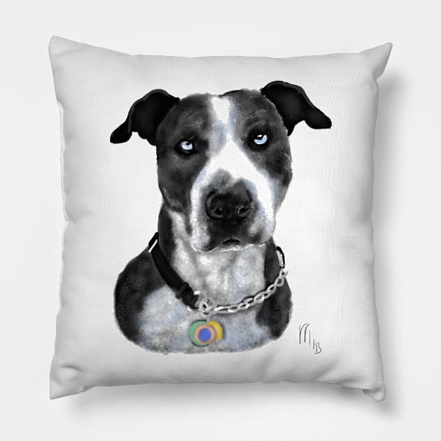 Black and White Pit Bull With Blue Eyes Pillow by LITDigitalArt