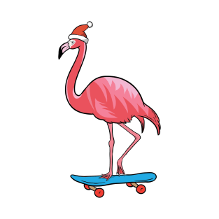 Cute Santa Hat Flamingo Skateboard Christmas T-Shirt