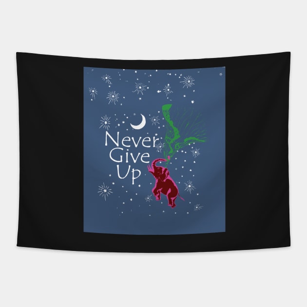 Motivational Never Give Up Flying Pink Red Elephant Tapestry by pelagio