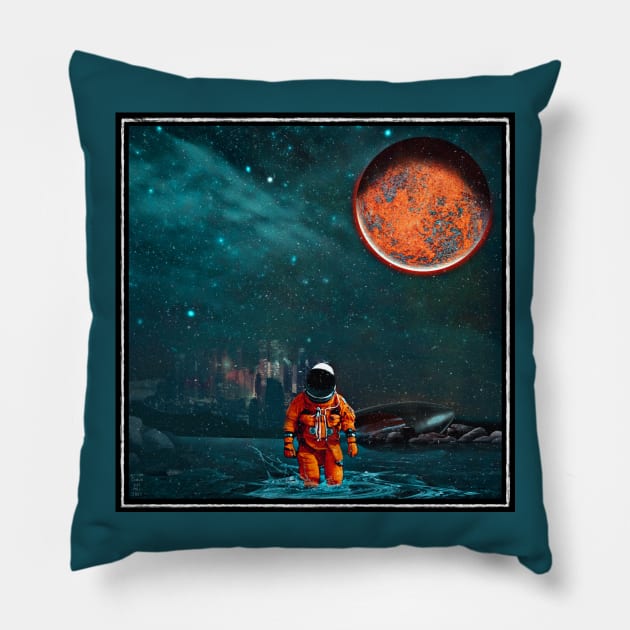 Astronaut Crash Landing on Alien Planet with Orange Moon Pillow by OrionLodubyal