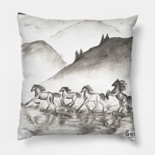 horses galloping across the water monochrome black and white watercolor painting Pillow