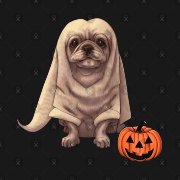 Spooky Halloween Ghost Puppy Fluffy French Bulldog Puppy with Pumpkin by Mochabonk