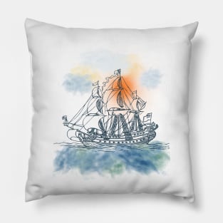 Sailing Ship with Orange Sun Pillow