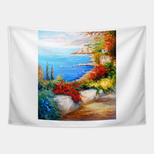 Blooming alley by the sea Tapestry