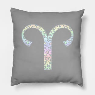 Aries Zodiac Horoscope Symbol in Pastel Rainbow Leopard Print Pillow