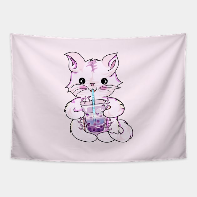 Cat boba tea Tapestry by Bossin