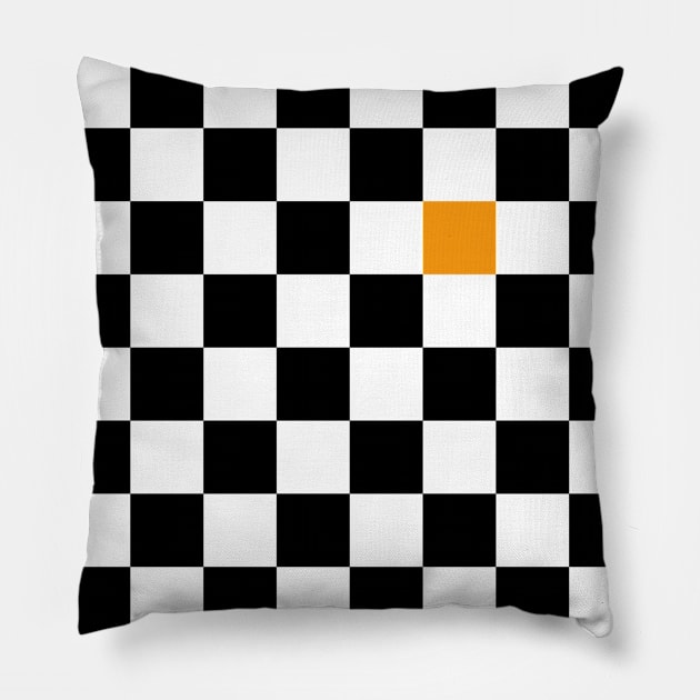 Checkered Black and White with One Orange Square Pillow by AbstractIdeas