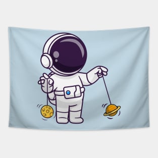 Cute Astronaut Playing Planet And Moon Yoyo Cartoon Tapestry