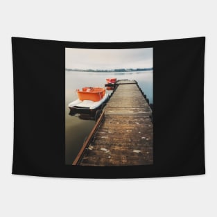 Two Paddleboats Tied to Wooden Pier in Early Morning Light Tapestry