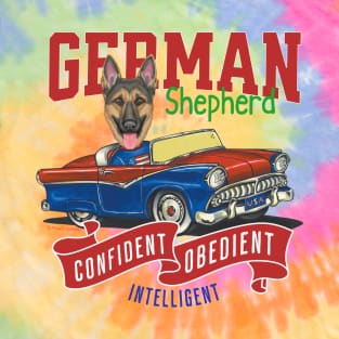 Humor funny and cute German Shepherd dog driving a classic vintage car with red white and blue flags with dog's personality T-Shirt