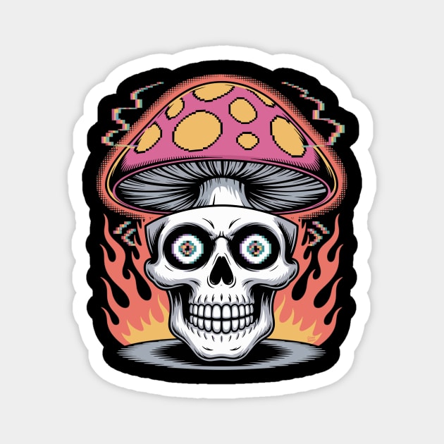 Shroom Skull – Trippy Pixelated Mushroom Flame Skull Magnet by Cosmo Gazoo