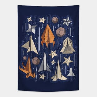 Reaching for the stars // illo // navy blue background ivory grey brown and orange origami paper asteroids stars and space ships traveling light speed Tapestry