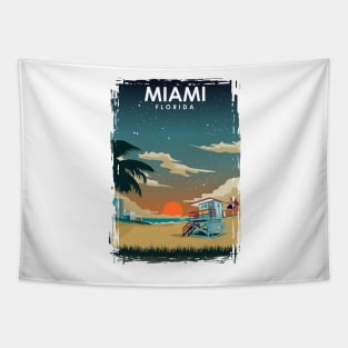 Miami Florida at Night Vintage Minimal Retro Beach Travel Poster Tapestry