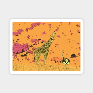 Giraffe, rhinoceros,ostrich in the savannah Magnet