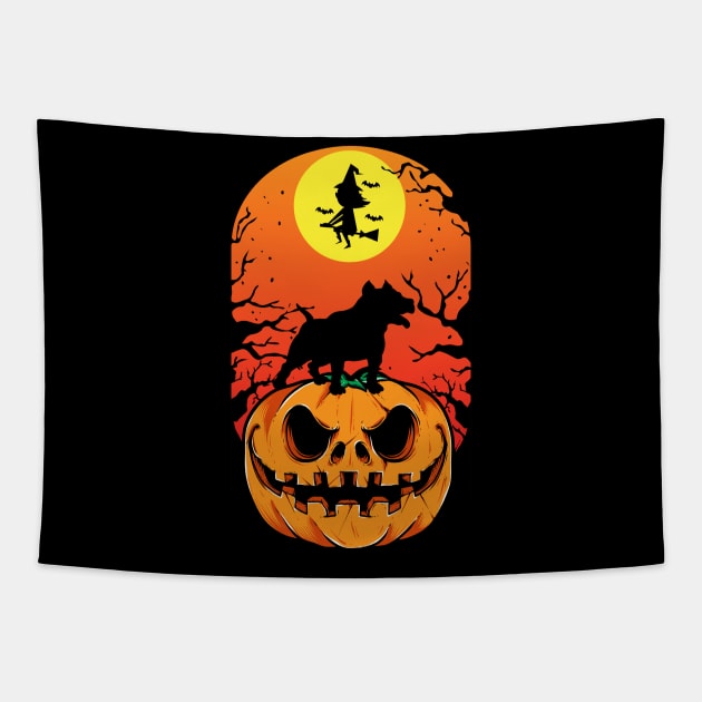 Pitbull Halloween Puppy Pumpkin Tapestry by madani04