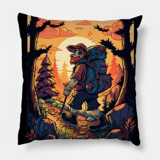 Boy trekking in the woods with a beautiful sunset effect Pillow