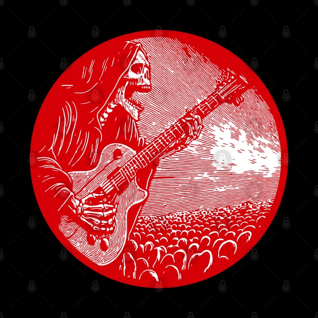 Reaper Riffs Unleash the Power of the Afterlife with our Electric Guitar-Strumming Grim Reaper Design! Red version. Dark meets Rock in this Edgy Artwork – Perfect for Those Who Crave Musical Macabre by LastViewGallery