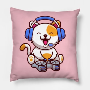 Cute Cat Gaming With Headphone And Console Pillow