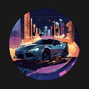 Toyota 86 inspired car in front of a modern city skyline at night T-Shirt