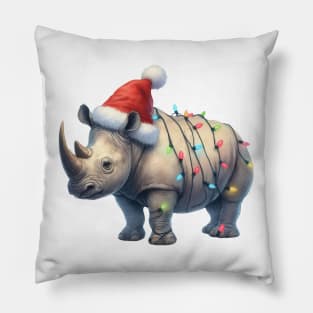 Rhino Wrapped In Christmas Lights Pillow