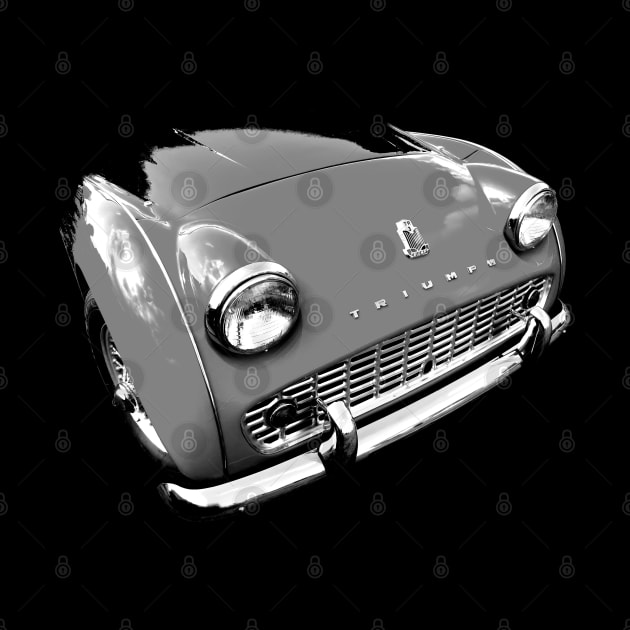 Triumph TR3 British 1950s classic car front quarter monochrome by soitwouldseem