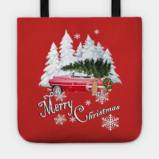 Traditional Old Fashioned Farmhouse Christmas Design: Vintage Car Hauling Tree in Snow Merry Christmas Tote