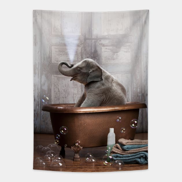 Elephant in a Bathtub Tapestry by DomoINK