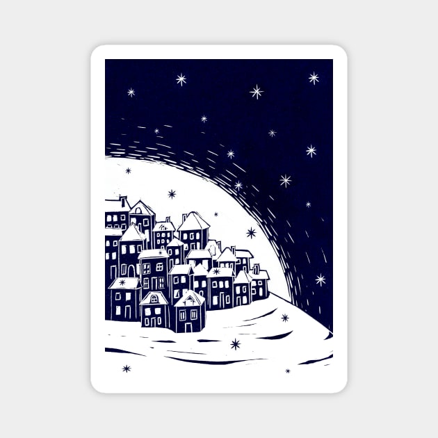 Snowy Night - Beautiful Festive Linocut Village Scene Magnet by Maddybennettart