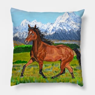 A brown horse and Mount Cook, New Zealand Pillow