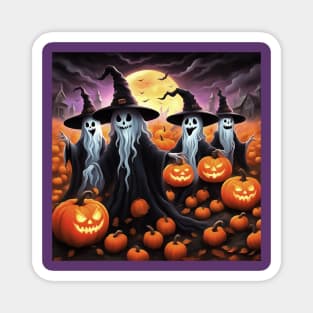 Fun Halloween Ghost Wearing Witches Hats With Jack O Lanterns Magnet