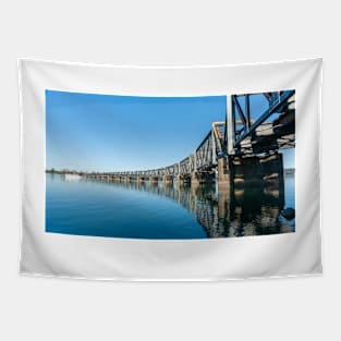 Curving lines of historic steel truss railway bridge Tapestry