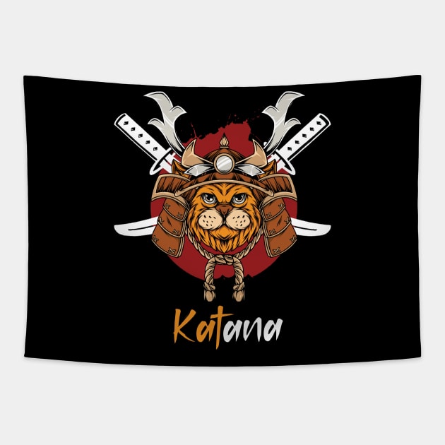 Katana Japanese Cat Samurai Pun Tapestry by Ampzy