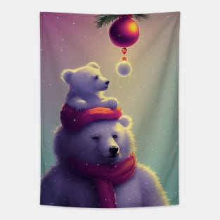 A polar bear in a red scarf with a bear cub on his shoulders. Tapestry