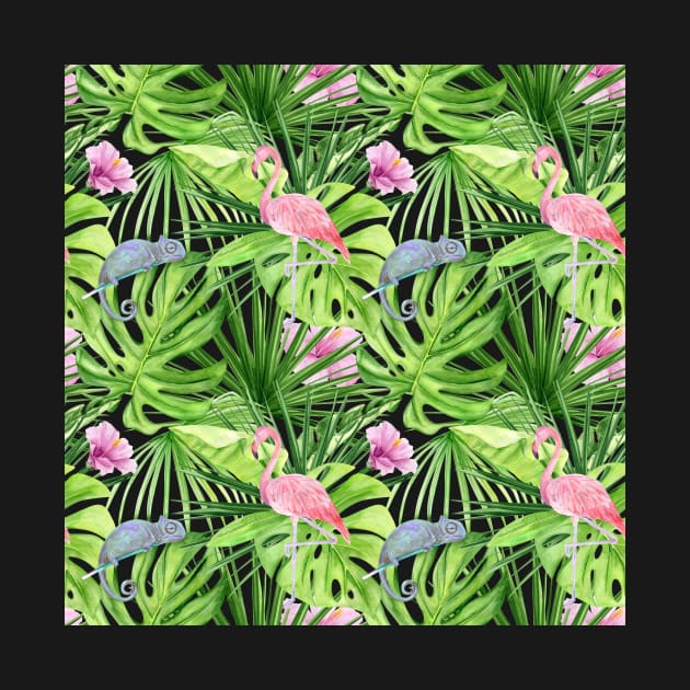 Tropical Jungle Pattern with Flamingos and Chameleons by CeeGunn