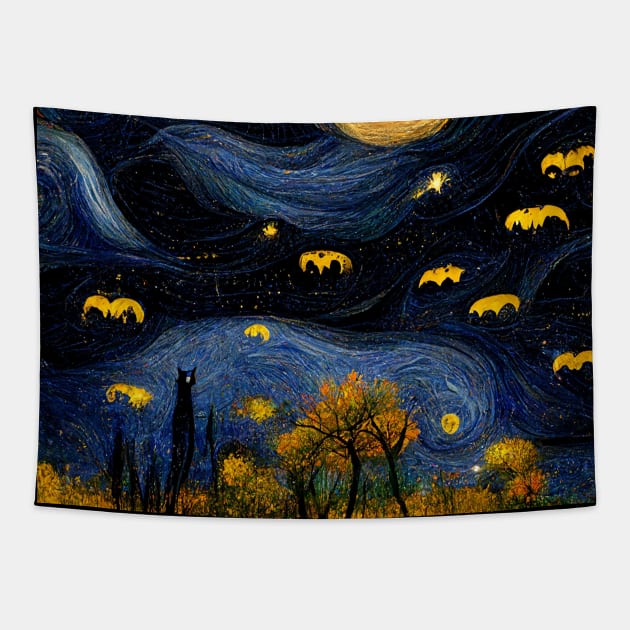 Halloween night with bats Van Gogh style, fall night background design Tapestry by colorbyte