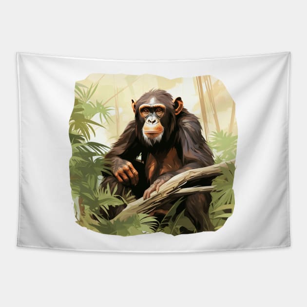 Cute Chimpanzee In Jungle Tapestry by zooleisurelife